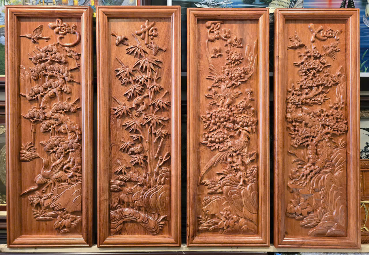 BỘ TRANH GỖ HƯƠNG ĐÁ  - TÙNG CÚC TRÚC MAI ( xuân hạ thu đông )