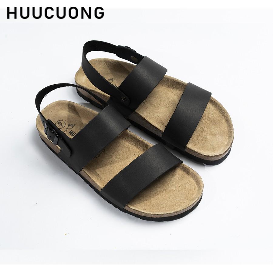 Sandal HuuCuong 2 quai da bò đen đế trấu