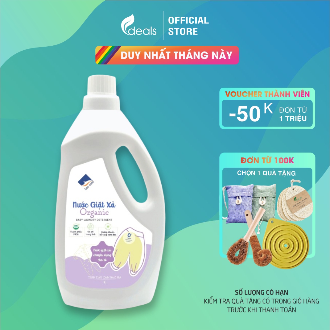 Nước Giặt Xả Hữu Cơ Em Bé ECOCARE 1L - Tinh dầu Cam Bạc hà, PH trung tính, không kích ứng