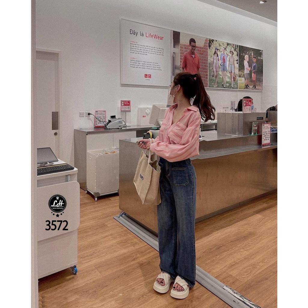 Quần jean nữ ống rộng, quần bò màu xanh túi đấp vuông lưng có tag dễ thương cho nàng Lê Huy Fashion MS 3572