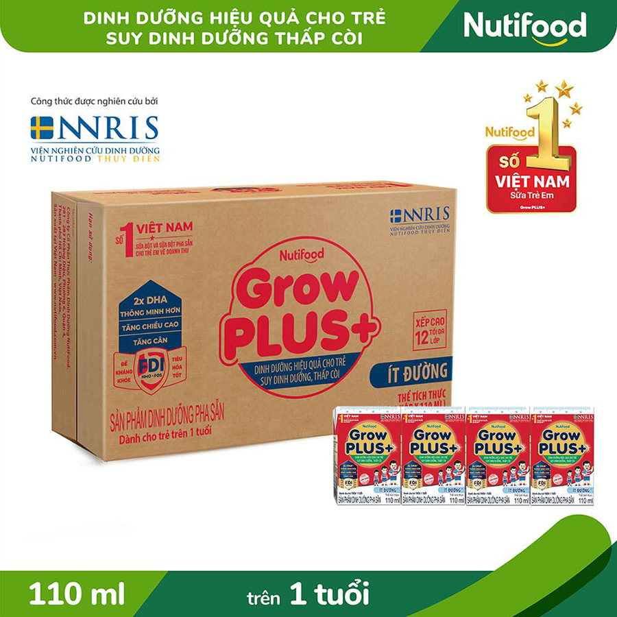 Thùng Sữa Bột Pha Sẵn Nutifood GrowPLUS+ ít đường Suy Dinh Dưỡng - Trên 1 Tuổi - Tăng Cân, Tăng Chiều Cao (48 Hộp x 110ml)