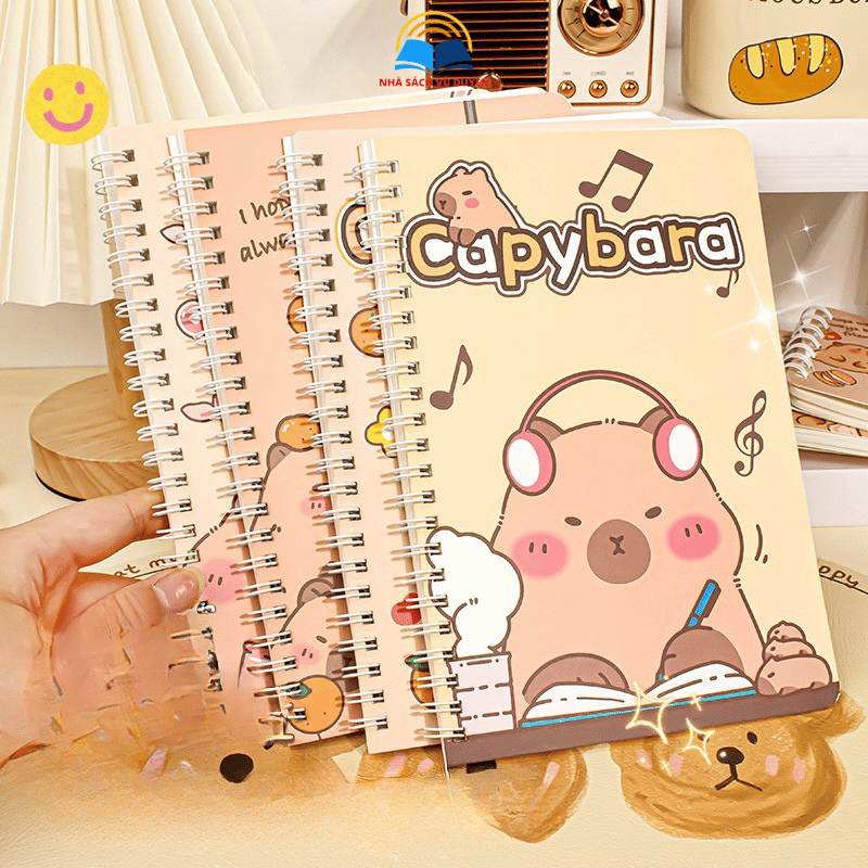 Lốc 4 Cuốn Sổ Tay Lò Xo A5 Hình Capybara Dễ Thương – Bìa Mềm, Giấy Dòng Kẻ Ghi Chép Học Tập