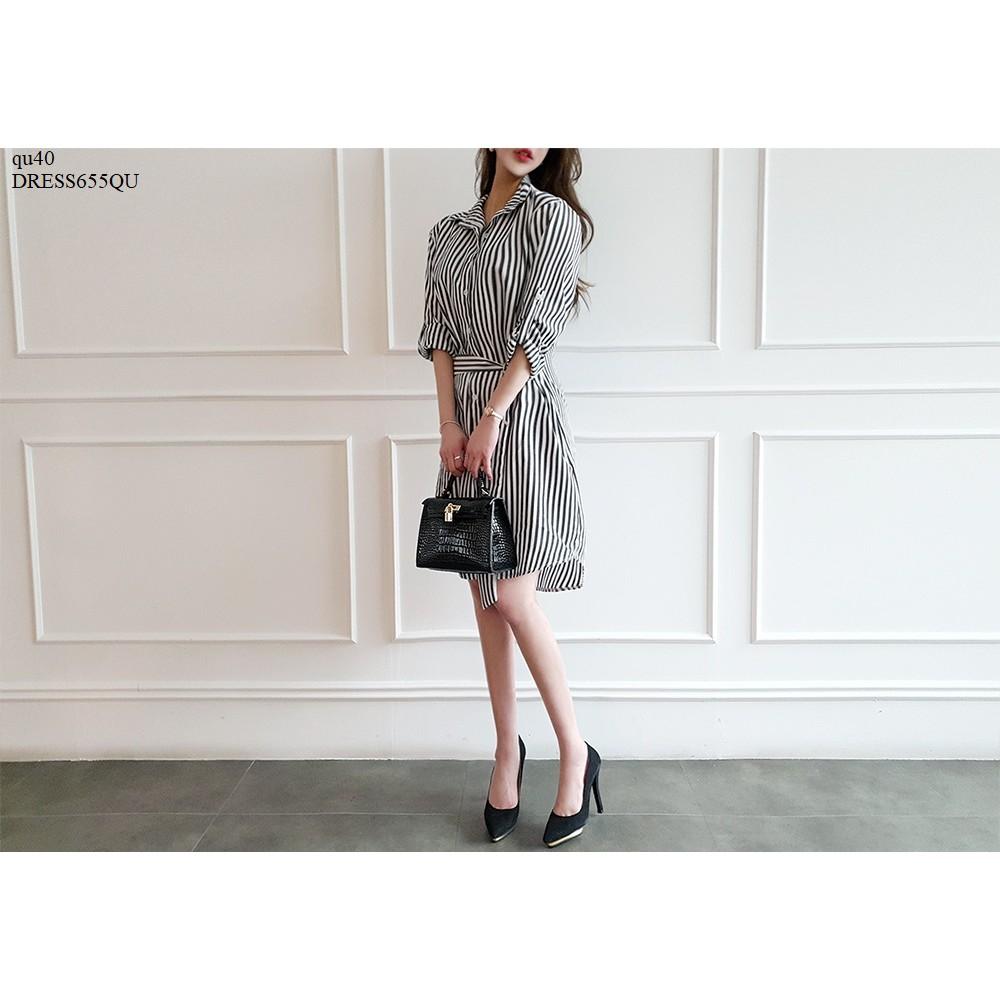 DRESS546 ĐẦM SỌC SƠ MI THẮT EO