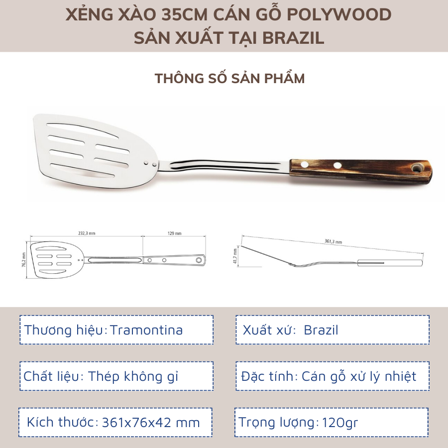 Xẻng Xào Tramontina Cán Gỗ Polywood 35cm Thép Không Gỉ Nhập Khẩu Brazil