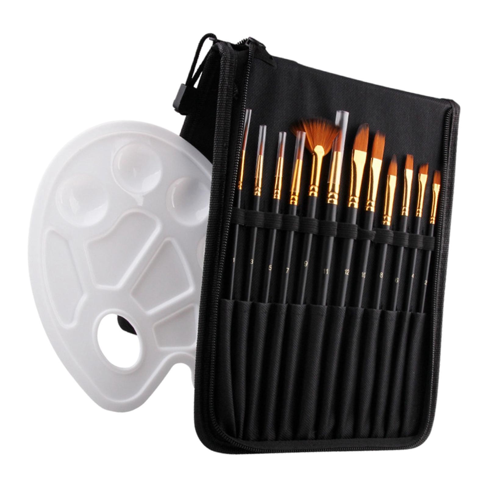 14 Pack Paint Brush Set with 12 Brushes, 1 Palette and 1 Carrying Case for Watercolor, Oil, Acrylic Painting