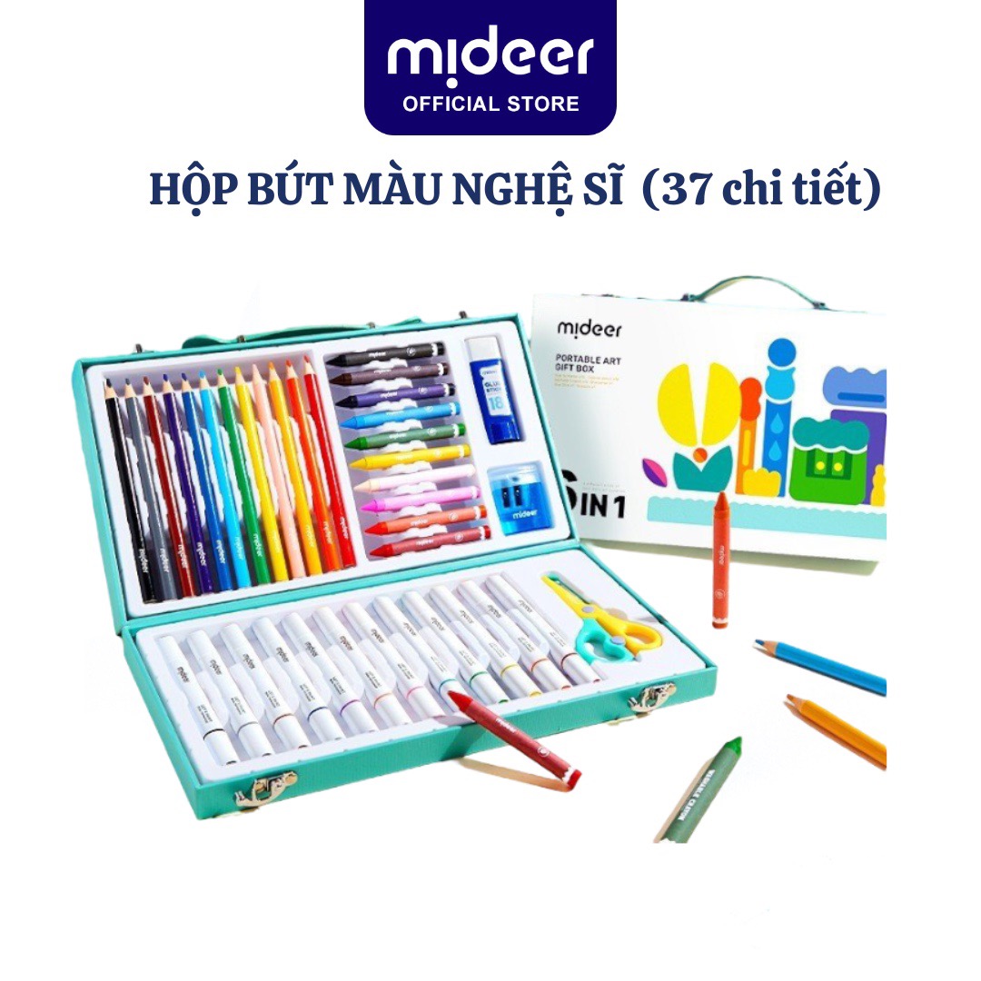 Bộ bút màu cho bé Mideer Portable Art Gift Box 6 in 1, hộp bút nghệ sĩ 37 chi tiết kèm kéo gọt bút keo dán