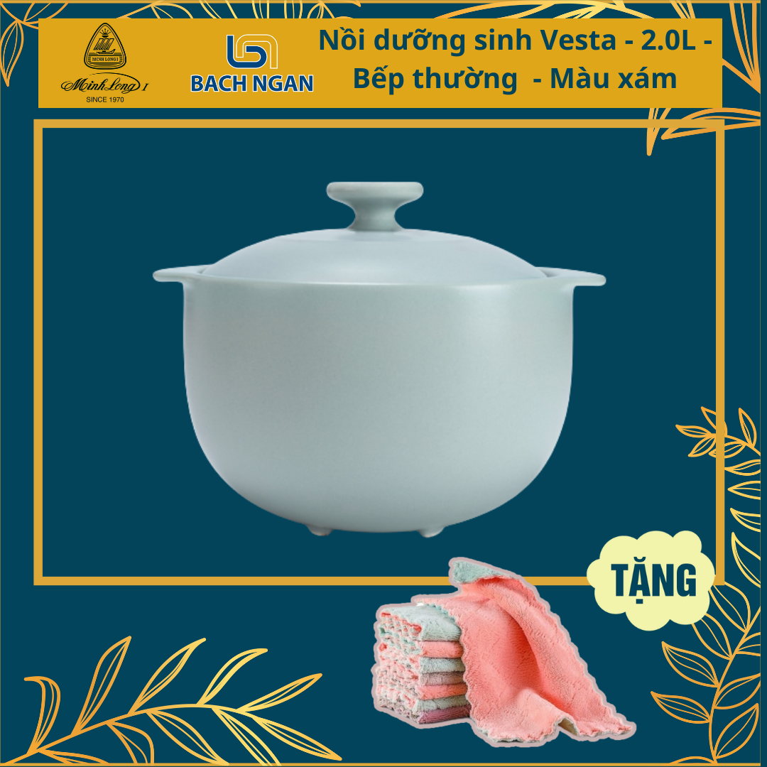 Nồi Sứ Dưỡng Sinh Minh Long Bếp Gas VestaMàu Xámtròn cao, có chân, Dùng Cho Bếp Gas, bếp hồng ngoạiHealthy cook – 2.0L