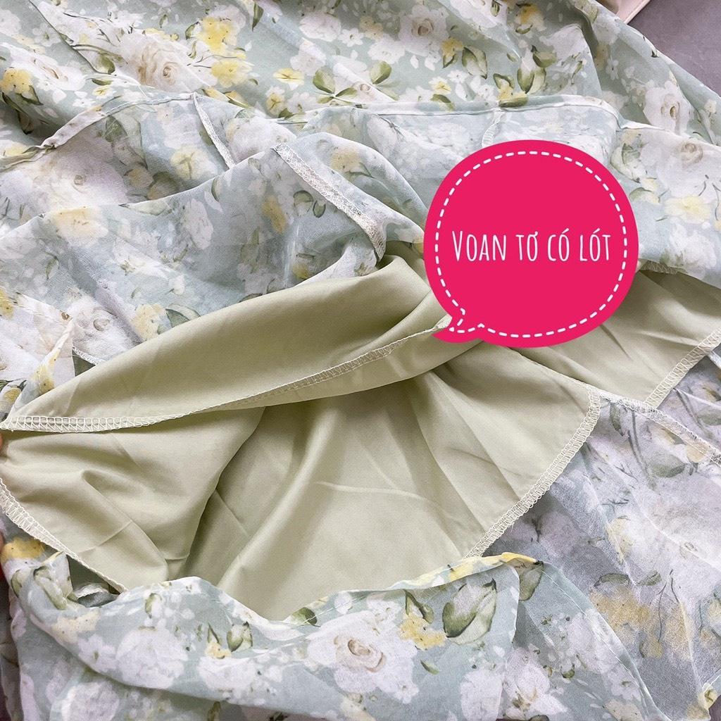 VÁY HOA XANH CỔ VUÔNG 2 LỚP VOAN TƠ