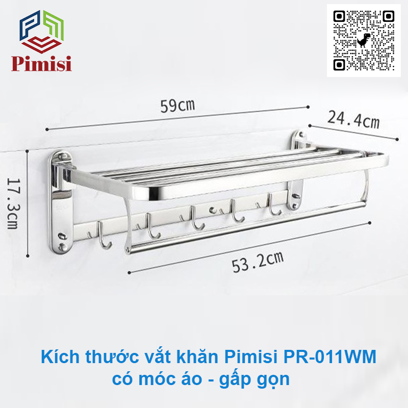 Giá Treo Khăn Tắm Inox 304 Pimisi Có Móc Áo Quần, Với Vắt Khăn Giàn Gấp Gọn Đa Năng Và Thanh Đơn Treo Khăn Mặt Kèm Đinh Ốc Vít Nở Gắn Tường Bằng Khoan Trong Nhà Vệ Sinh | Hàng Chính Hãng