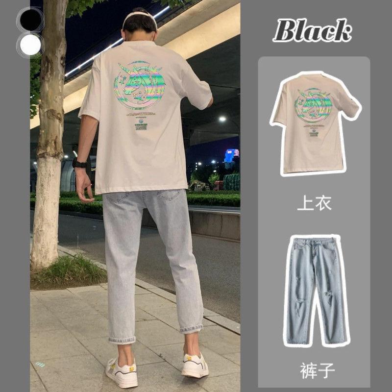 Set Áo Thun Tay Ngắn Cổ Tròn + Quần Dài Dáng Rộng Thời Trang Mùa Hè 2020 Phong Cách Hong Kong Cho Nam