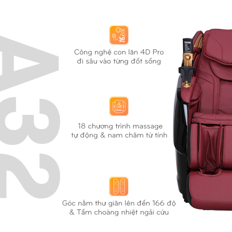 Ghế Massage toàn thân ABCSport A32 cao cấp, công nghệ massage 4D PRO, túi khí êm ái, 18 bài masssage tự động, điều khiển bằng giọng nói