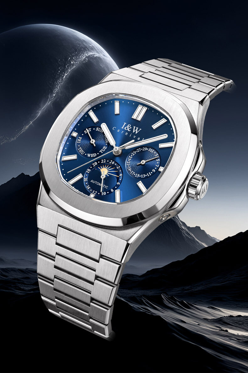 Đồng hồ nam chính hãng I&W CARNIVAL 55886G-1 mặt xanh navy size mặt 42mm,kính sapphire ,chống nước 50m,dây thép không gỉ