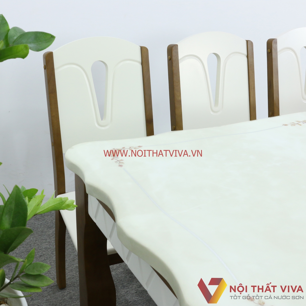 Bộ Bàn Ăn Mặt Đá Cẩm Thạch Gỗ Xoan 6 Ghế Màu Óc Chó Phối Trắng Cao Cấp