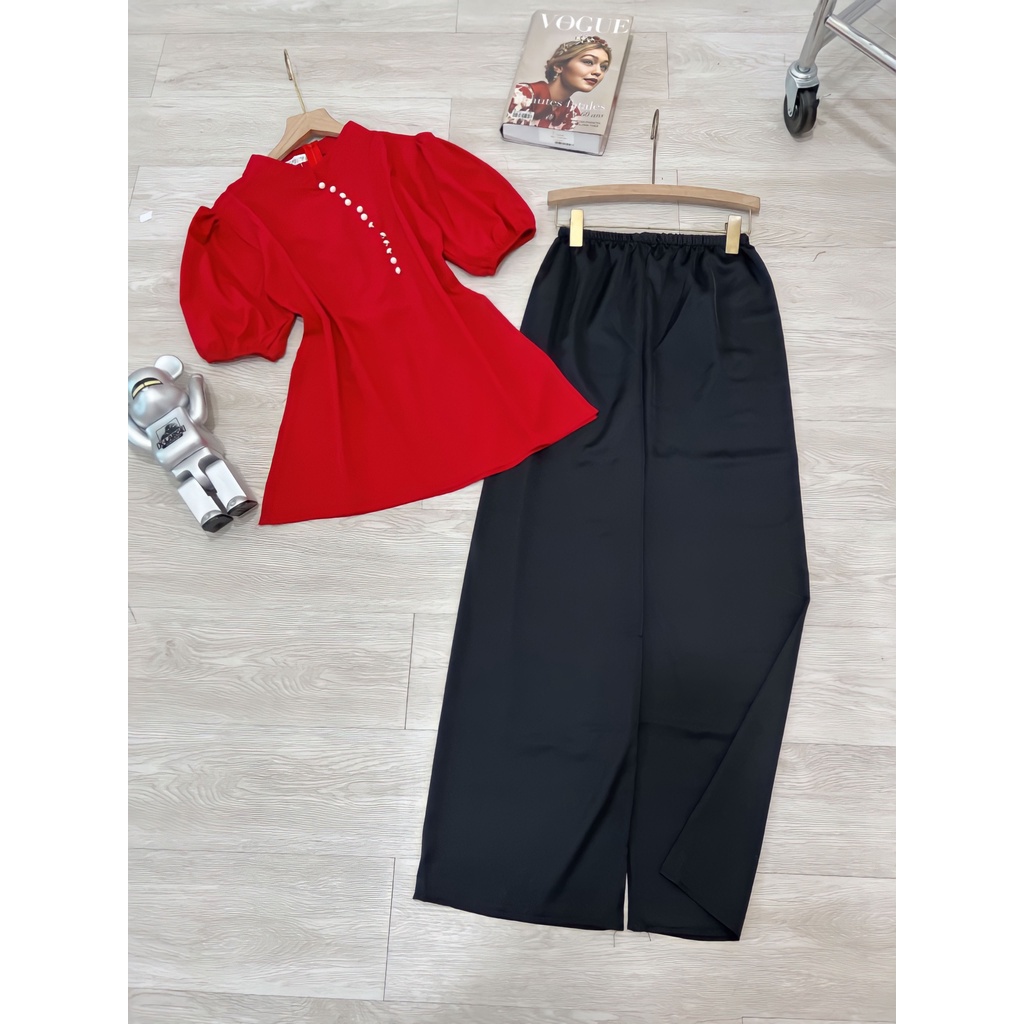 Bộ Đồ Lam Đi Lễ Chùa Cổ Tàu Tay Bồng Kèm Quần Culottes - Bộ Phật Tử Nữ Kèm Quần Ống Rộng