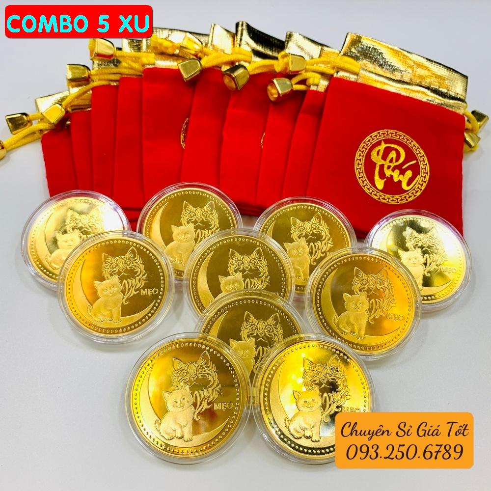 Sỉ Combo 10 Đồng Tiền Xu Con Hình Mèo Mạ Vàng Kèm Túi gấm đỏ PHÚC - PASA COLLECTION