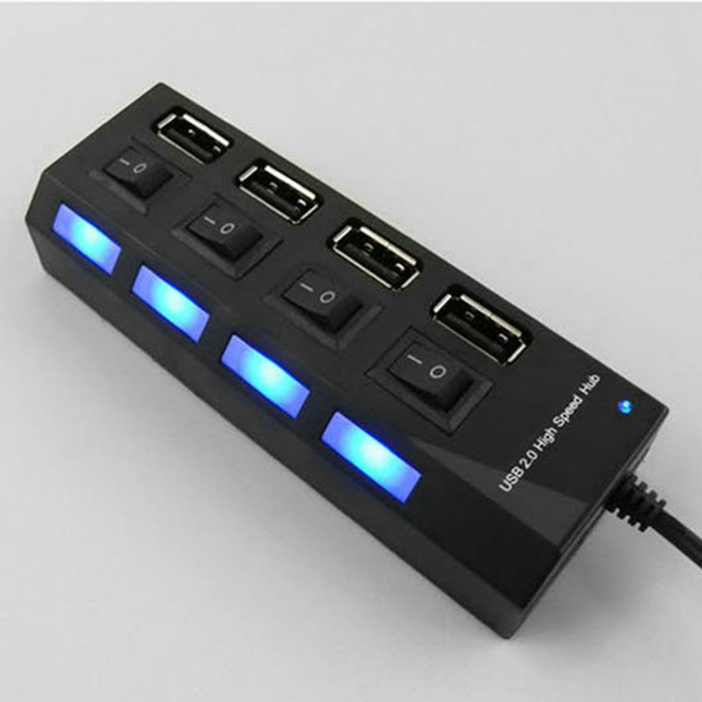 4 Port USB Splitter Portable Data Hub with Individual On/Off Switch and LED