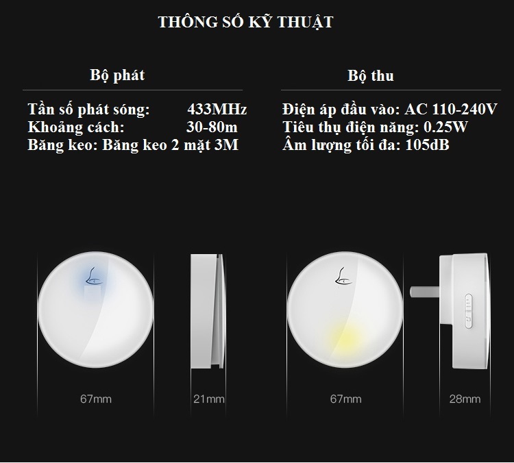 Chuông cửa không dây đa năng, không dùng pin, chống thấm nước, truyền tín hiệu xa L3 ( Tặng 2 móc treo đồ dán tường ngẫu nhiên)