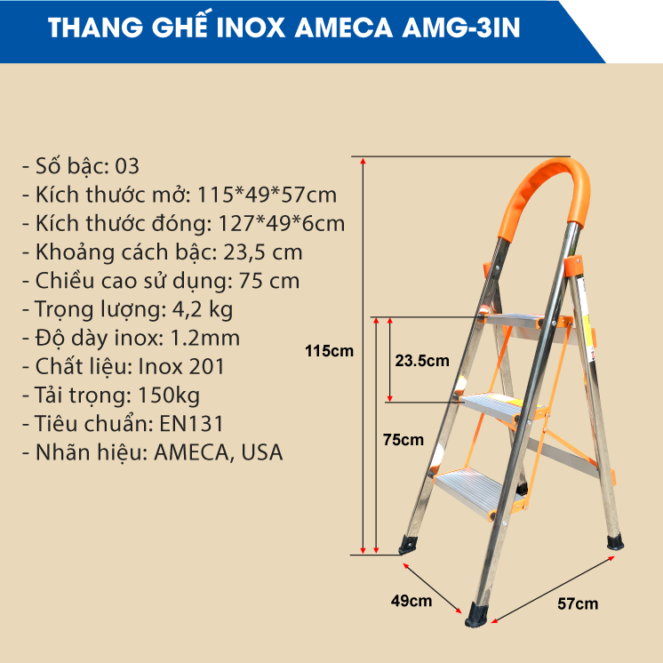 Hình ảnh Thang Ghế Chữ A Gấp Gọn 3 bậc Ameca - Thang gia đình, thang thắp hương - Chiều cao 75cm - AMG-3IN