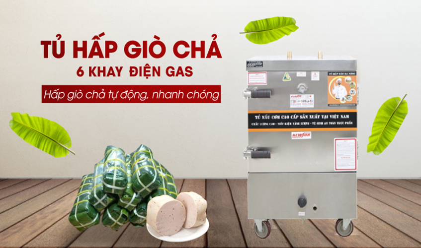 Tủ Hấp Giò Chả, Thực Phẩm 36 Kg Bằng Điện Gas 6 Khay Inox 304 NEWSUN, Năng Suất Cao - Hàng Chính Hãng