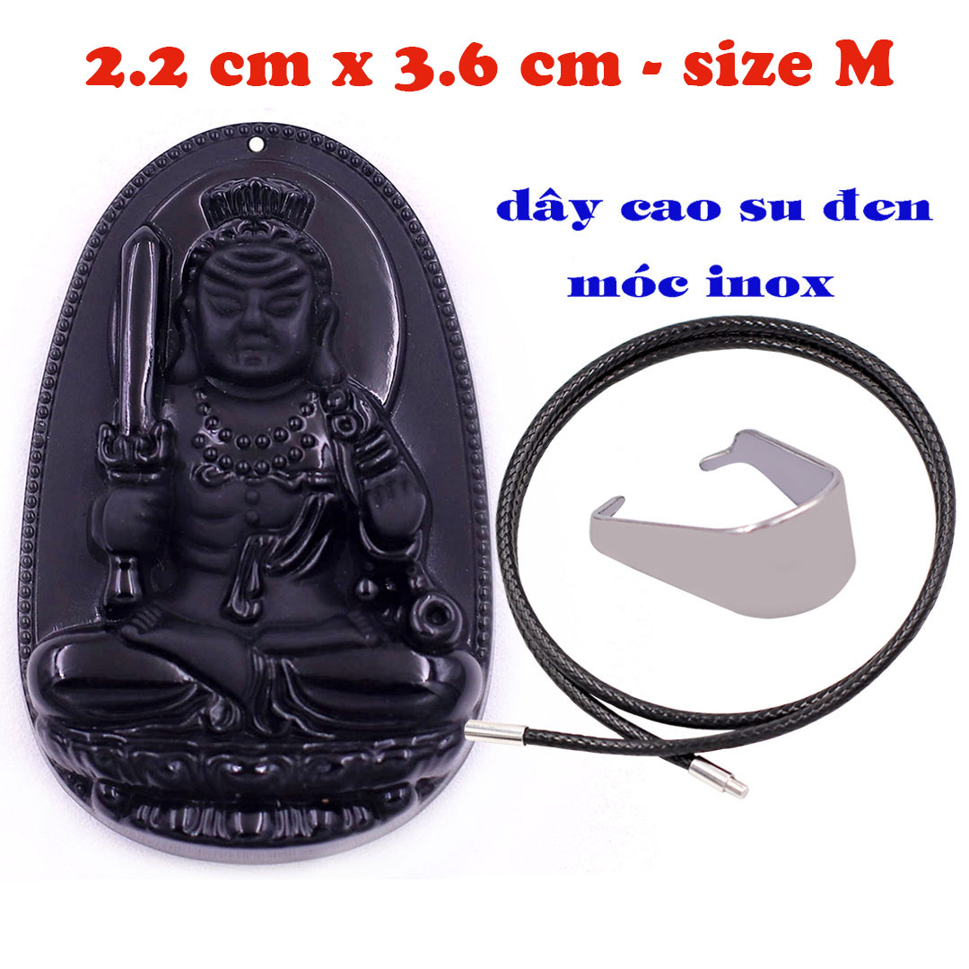 Mặt Phật Bất động minh vương đá thạch anh đen 3.6 cm kèm vòng cổ dây cao su đen - mặt dây chuyền size M, Mặt Phật bản mệnh