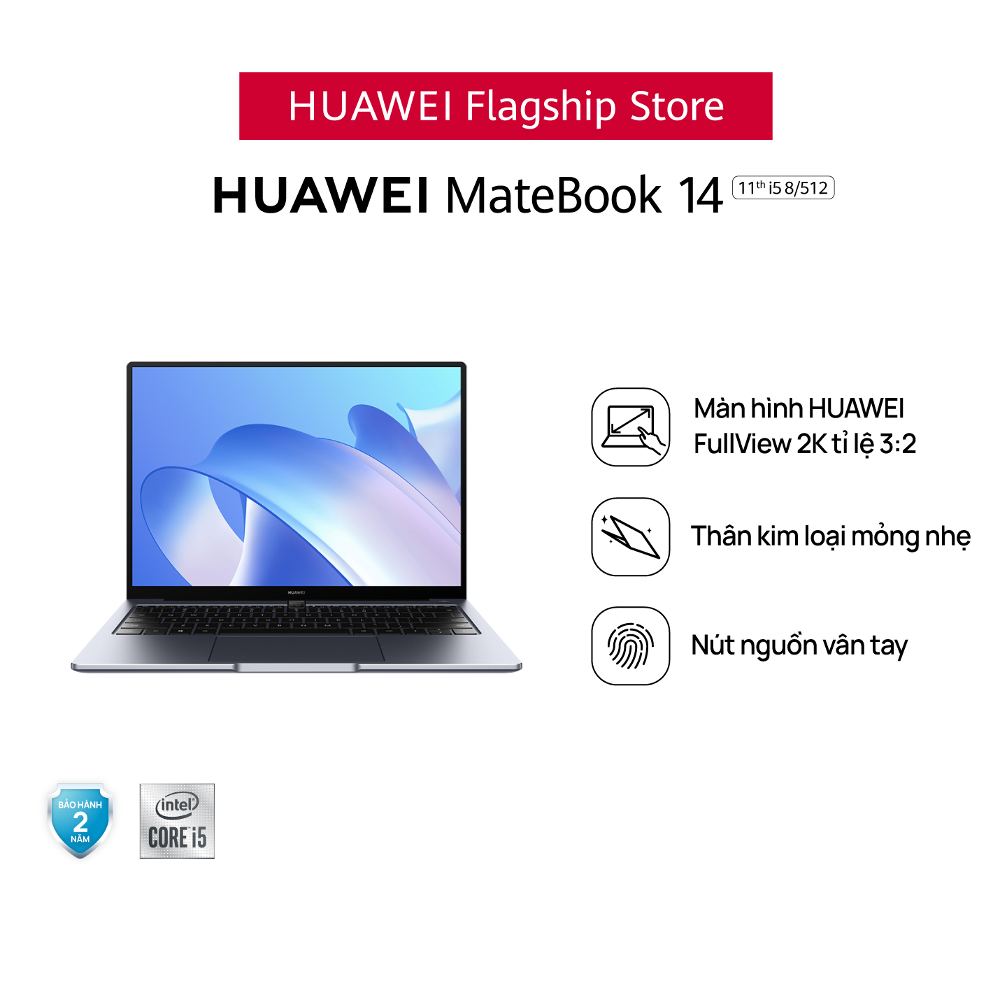 Máy Tính Xách Tay HUAWEI MateBook 14 (8GB/512GB) | Intel Core Thế Hệ Thứ 11 | Màn Hình HUAWEI 3:2 Fullview 2k | Nút Nguồn Vân Tay | Hàng Chính Hãng