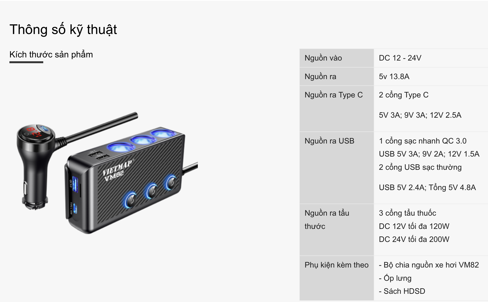 VIETMAP VM82 - Bộ chia sạc ô tô đa năng - Sạc nhanh Type-C PD 30W và QC 3.0 - Hàng chính hãng