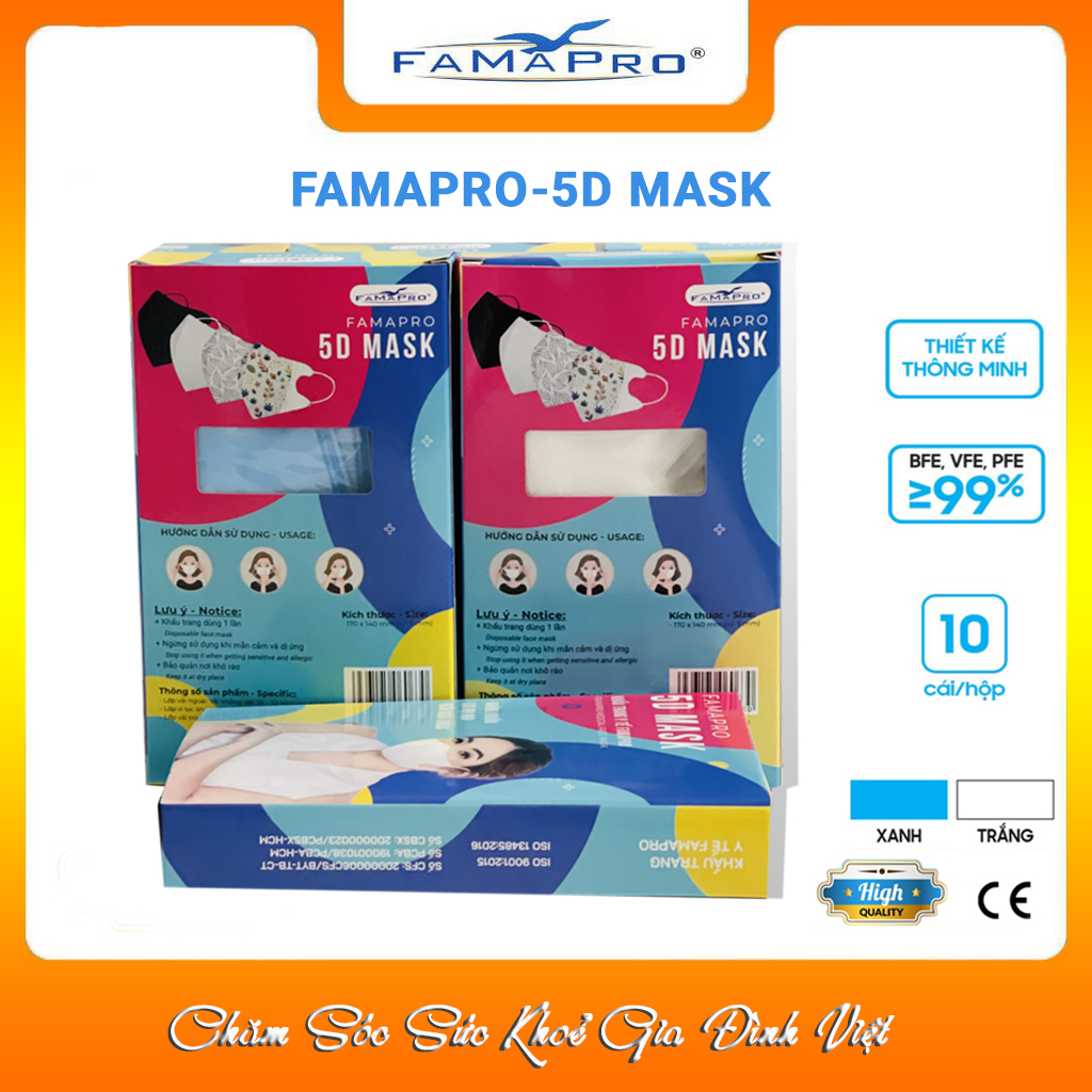[COMBO 5 Hộp Ưu Đãi] Khẩu trang kháng khuẩn Famapro 5D Mask/Kháng khuẩn, virus, bụi 99% /Chính Hãng Hộp 10 cái)
