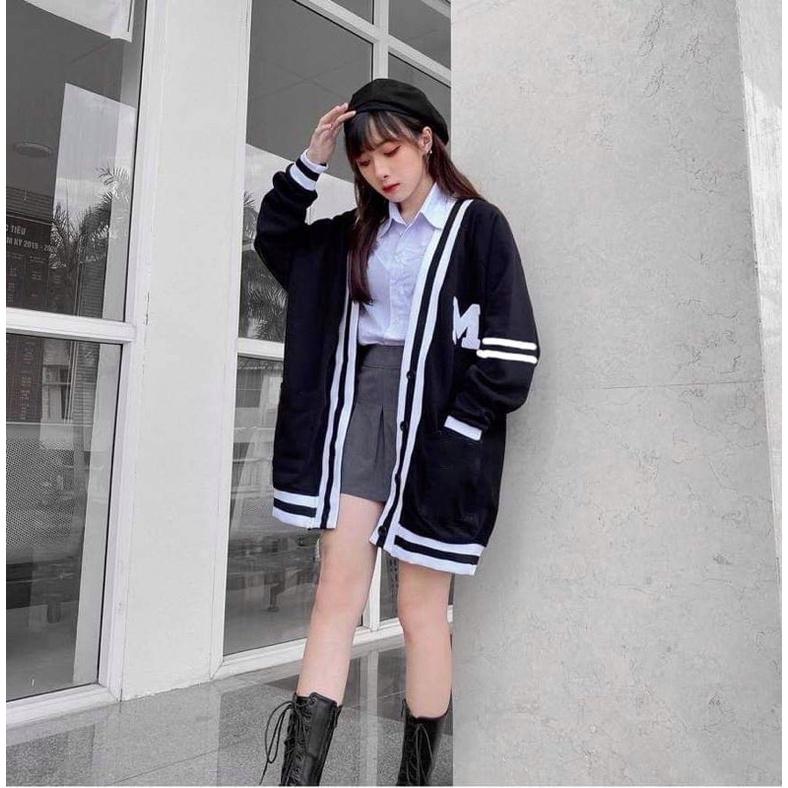 Áo Khoác Cardigan Đen Viền Trắng Chữ M Unisex, Áo Đôi