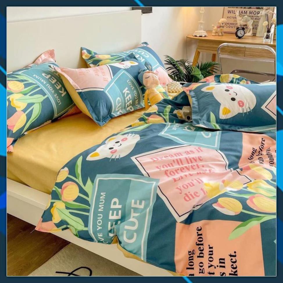 Hàng Auth- Bộ chăn ga gối Cotton Poly Mèo hoa, vỏ chăn mền, drap giường và 2 vỏ gối