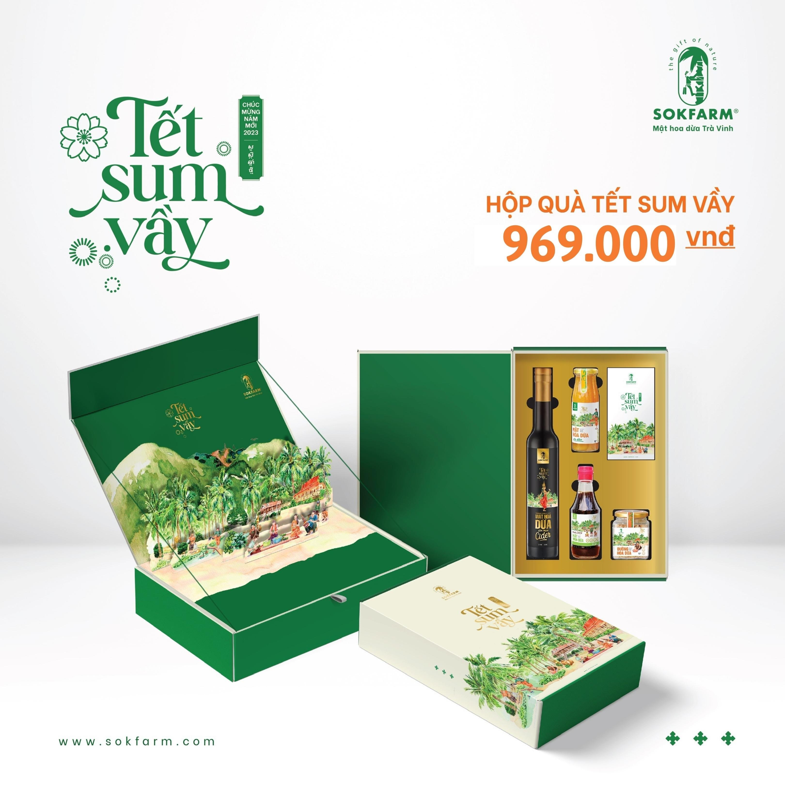 Hộp quà Tết Sum Vầy gồm Cider mật hoa dừa, Đừng hoa dừa, Mật hoa dừa cô đặc, Nước tương mật hoa dừa