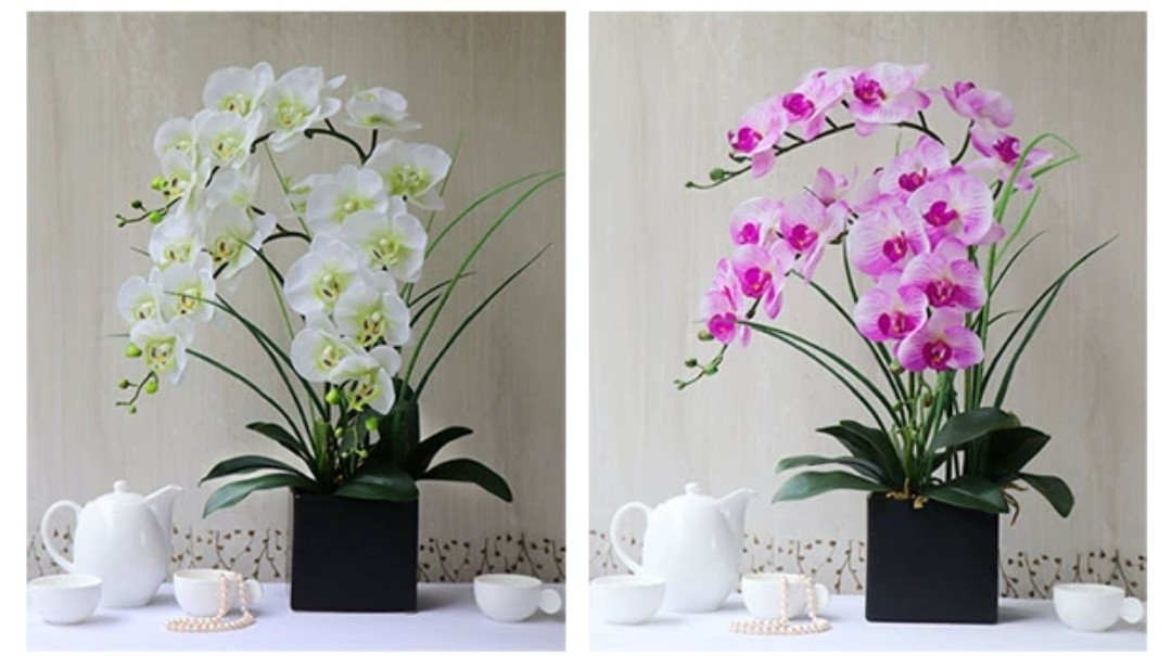 Hoa giả, bình hoa lan hồ điệp cao su loại 1 đẹp giống thật cao 55cm để bàn trang trí phòng khách sang trọng BL-03