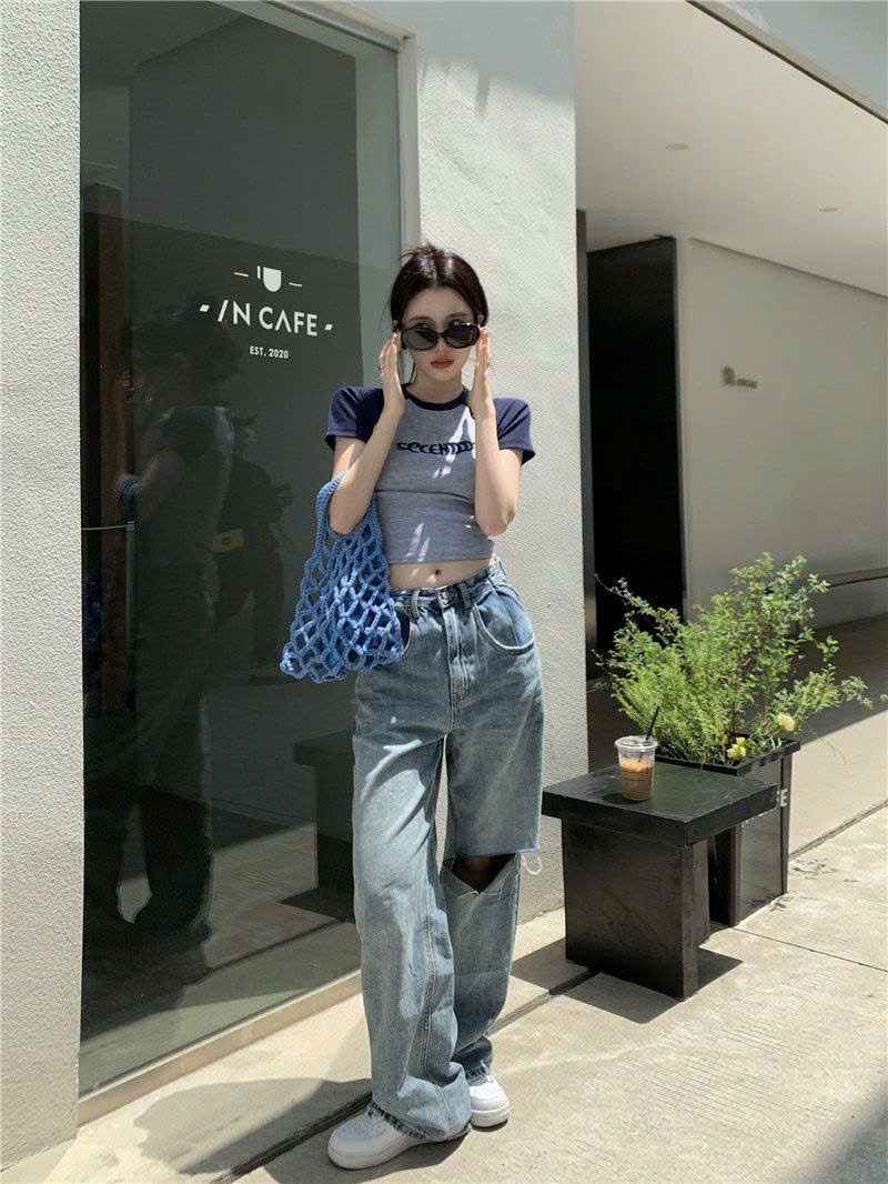 Áo croptop kiểu nữ 2N Unisex SÊCEN tay ngắn màu xám phối xanh