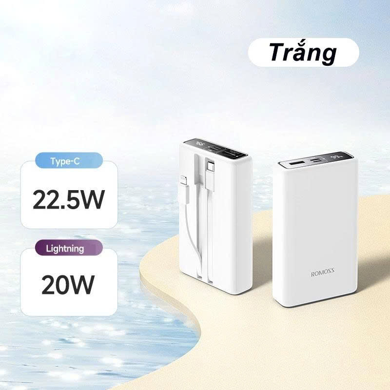 Pin sạc dự phòng ROMOSS PAC20 20.000mAh – Sạc nhanh 22.5W, tích hợp cáp Lightning &amp; Type-C. Hàng Nhập Khẩu