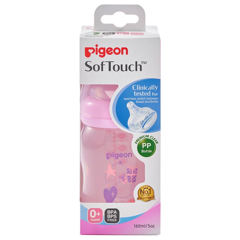 Bình sữa cổ rộng PP Plus họa tiết xanh/hồng Pigeon 160ml (SS)