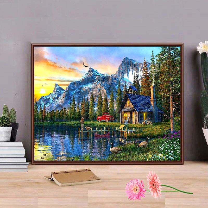 Tranh sơn dầu số hoá tự tô đã căn sẵn khung 50x40 cm (painting by number) - Log cabin sunset