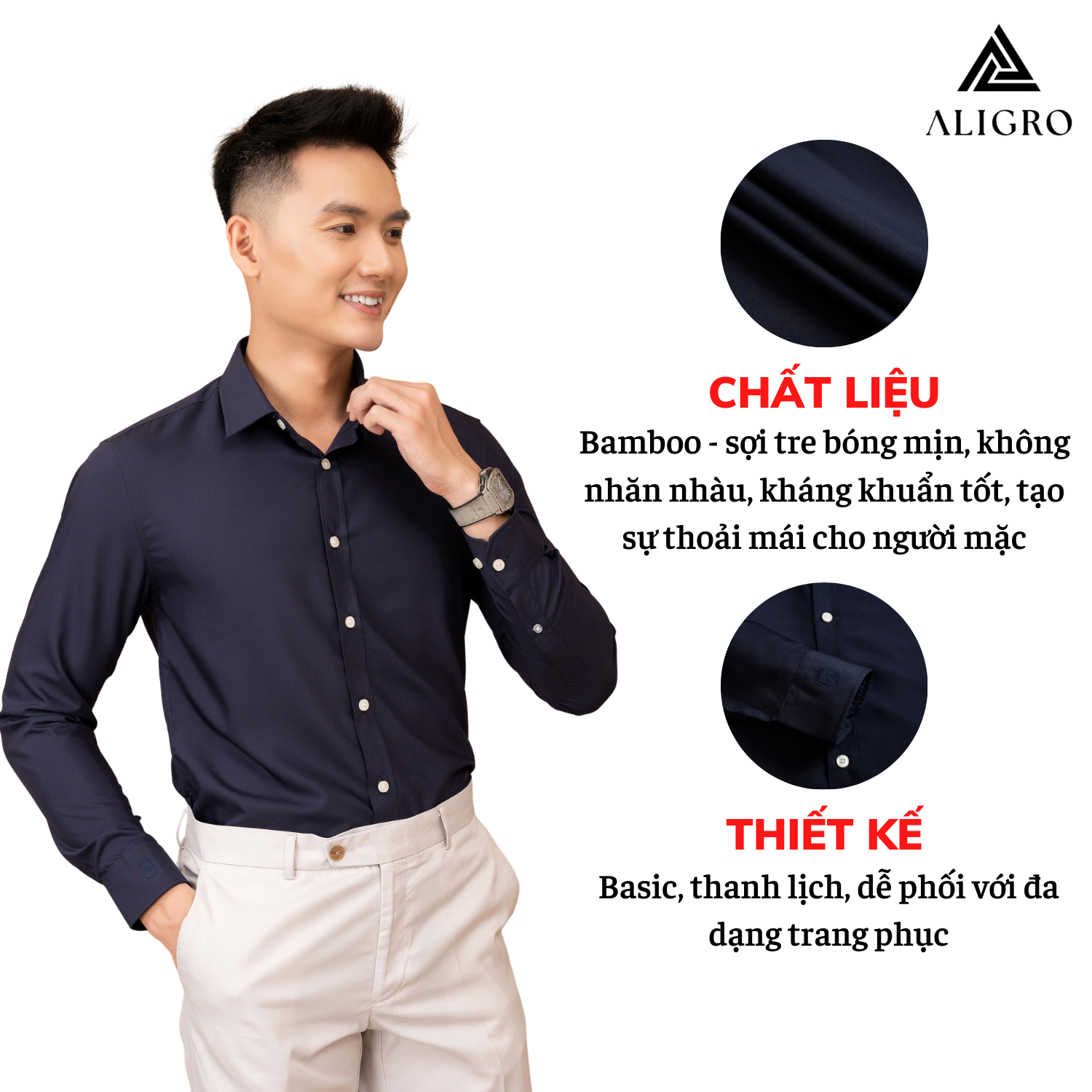 Áo sơ mi slimfit dài tay navy Aligro ALGS226