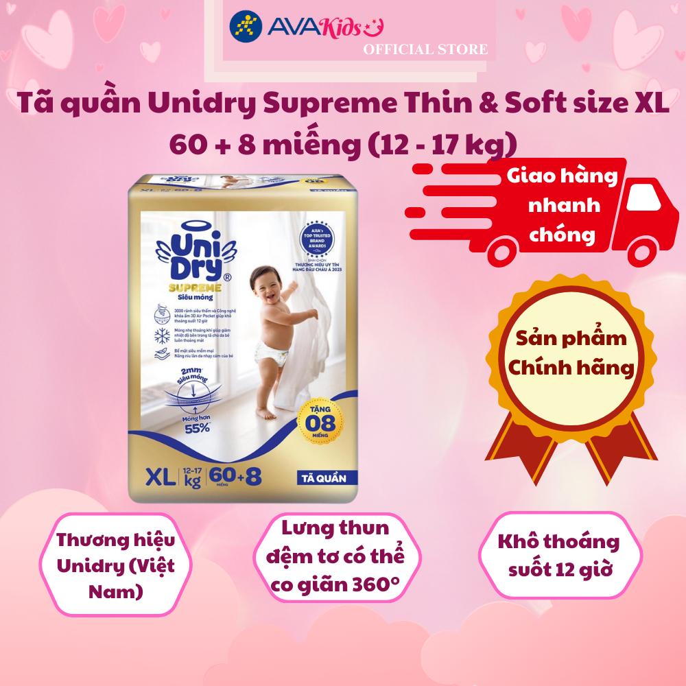 Tã quần Unidry Supreme Thin &amp; Soft size XL 60 + 8 miếng (12 - 17 kg)