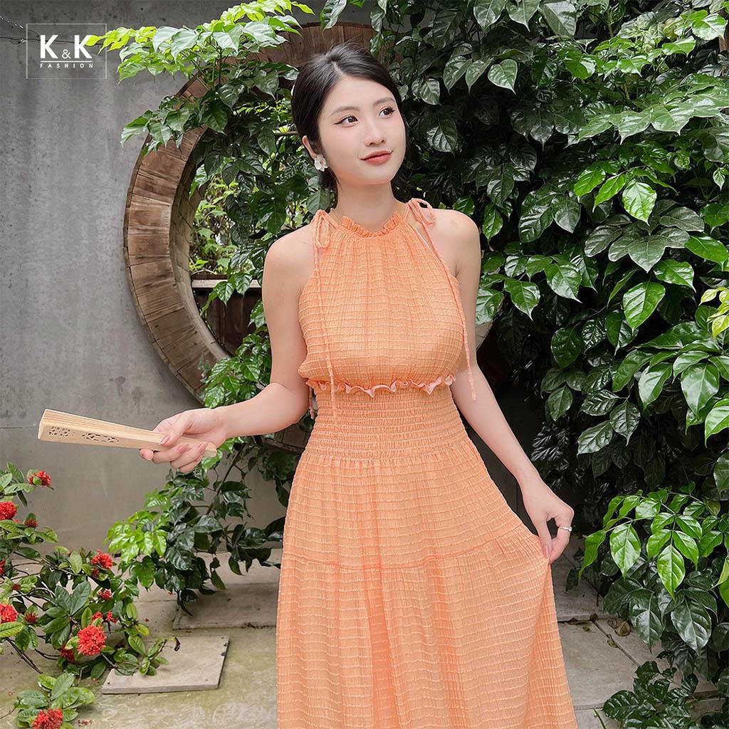 Đầm dáng dài cổ yếm eo bo chun K&amp;K Fashion KK150-13 Chất Liệu Voan Mắc Chỉ Dập Nhúng