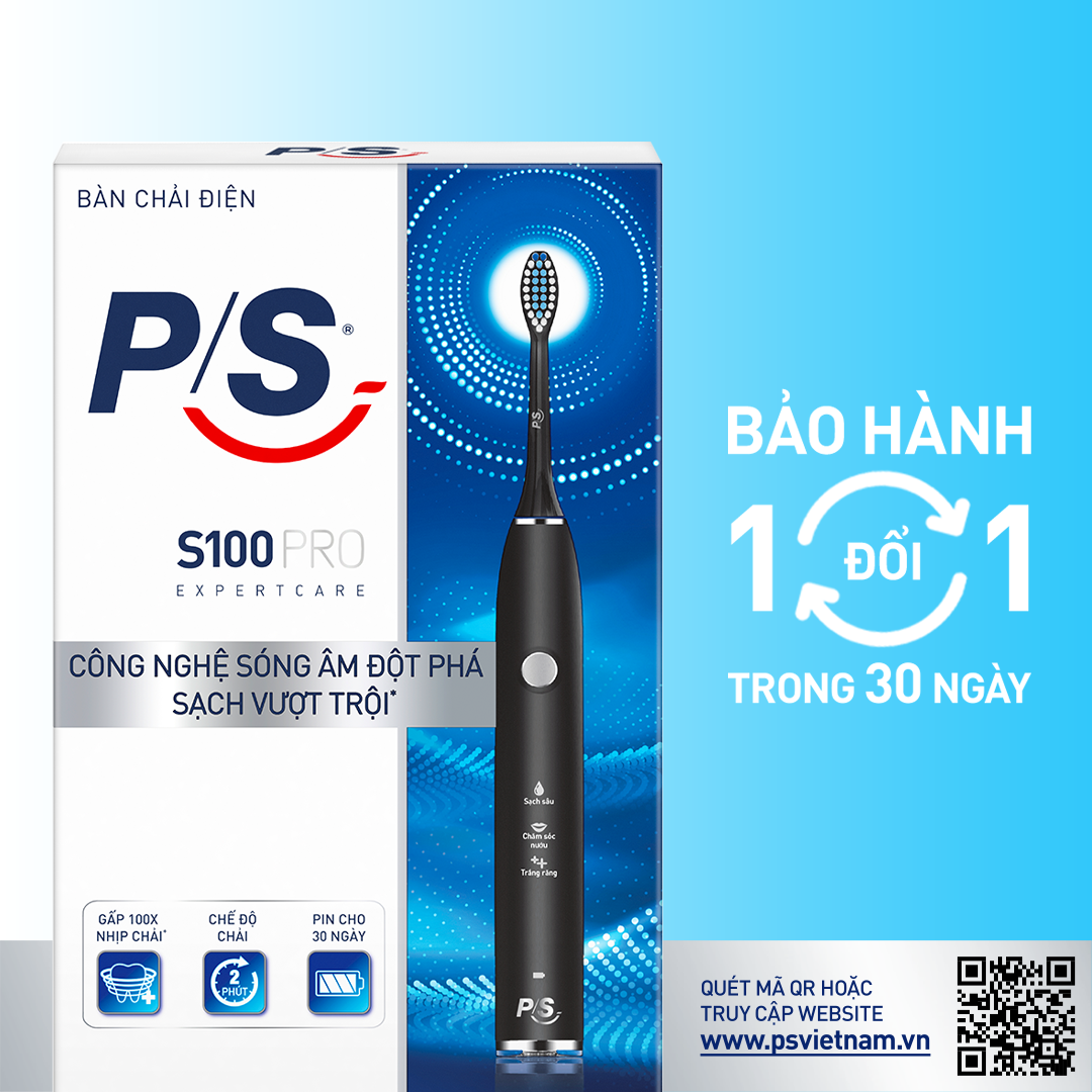 Bàn Chải Điện P/S S100 PRO Trắng Răng Công Nghệ Sóng Âm Đen Nhám Chải Sạch Mảng Bám Tới 10X 1 Bộ