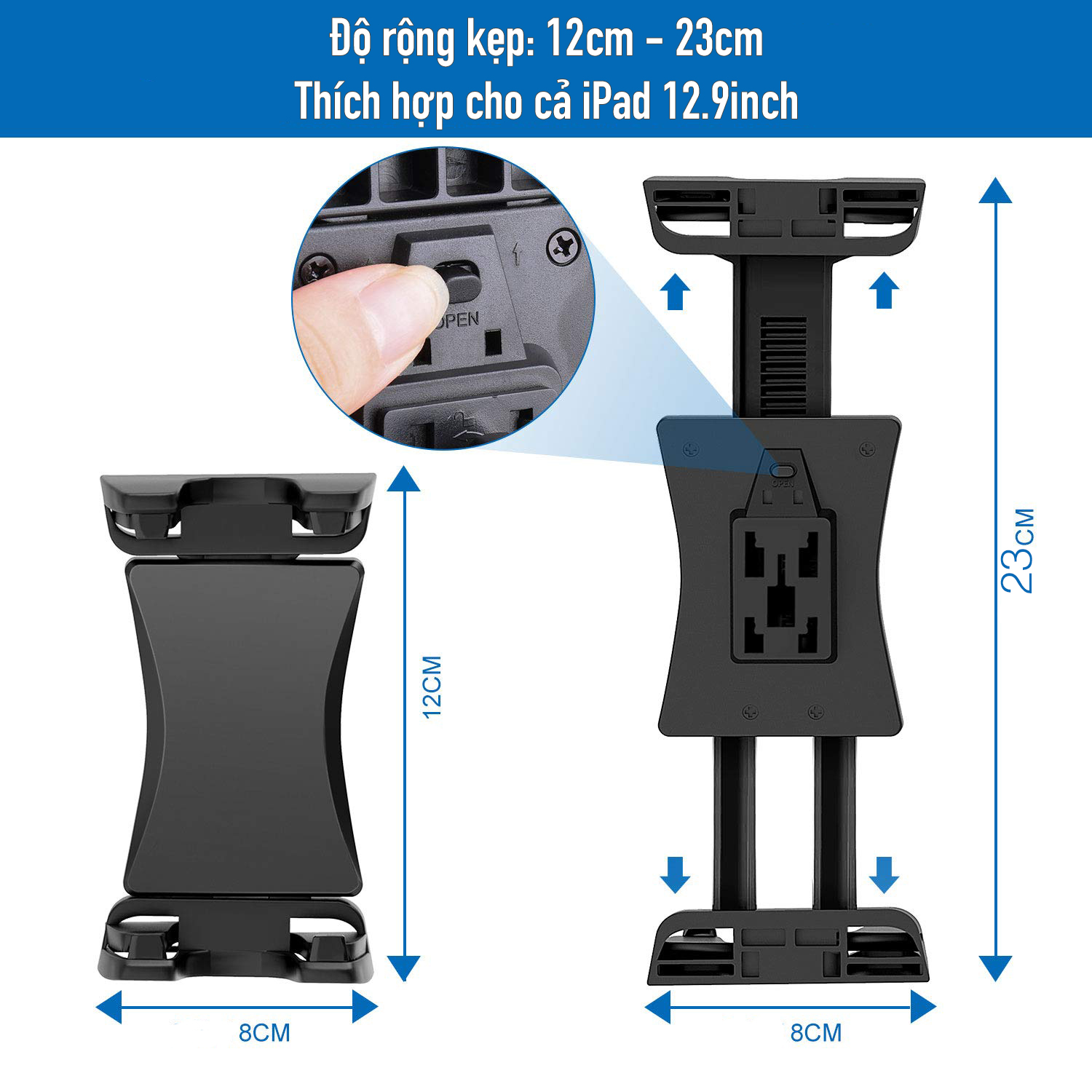 Kẹp máy tính bảng loại lớn trục xoay 360 độ gắn tripod chuẩn 1/4&quot; kẹp máy lớn đến 12.9inch - Hàng chính hãng SmileBox