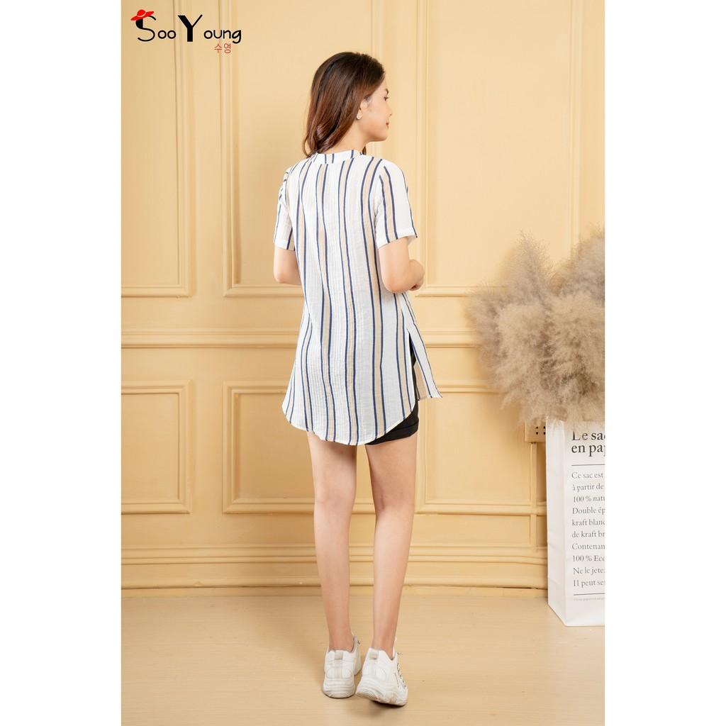 Áo sơ mi kẻ sọc dáng dài chất đũi đẹp sẻ sườn đan dây cổ-Sooyoung