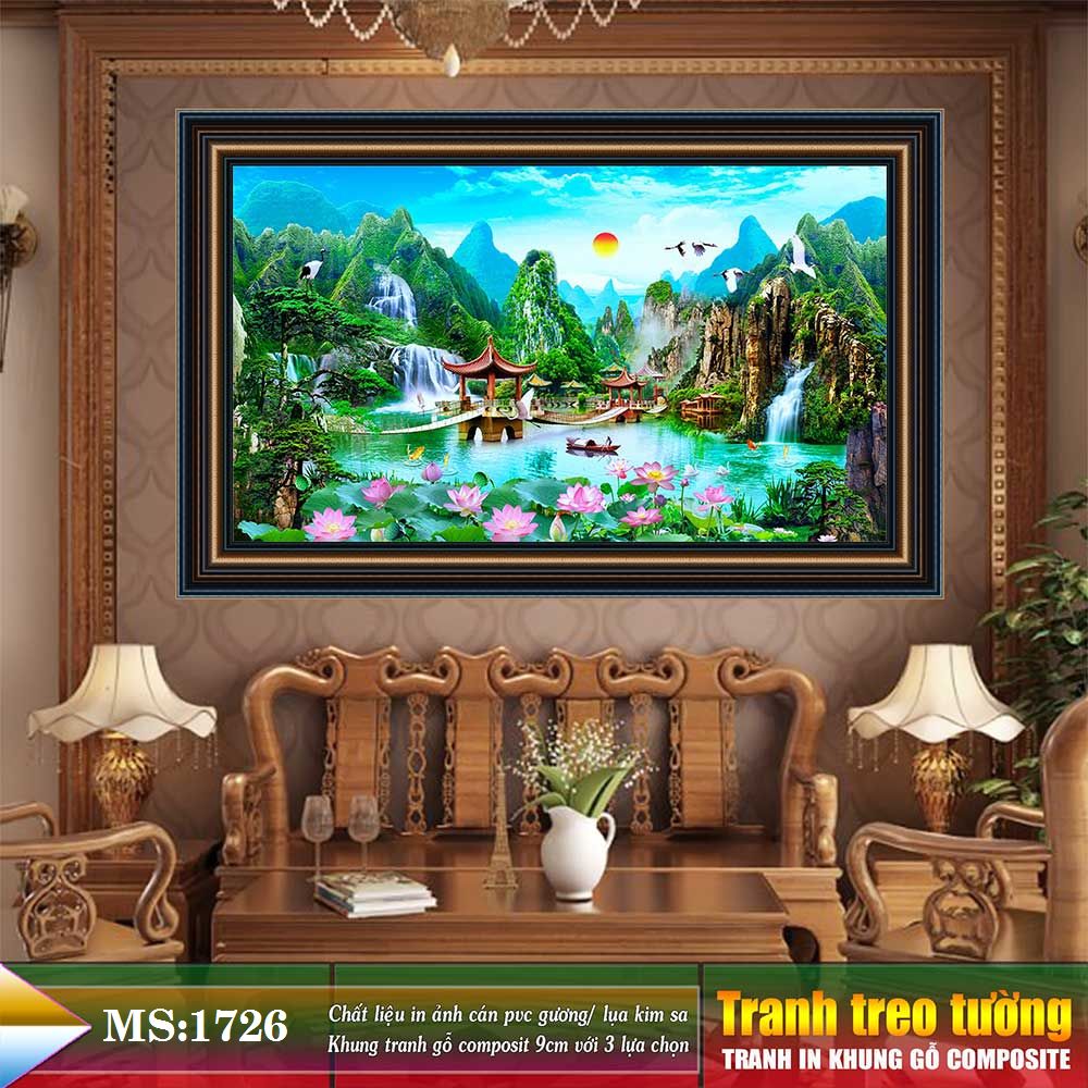 Tranh treo tường phòng khách, phòng ngủ SƠN THỦY HỮU TÌNH khung gỗ composit chất liệu pvc gương / lụa kim sa. MS:1726L9