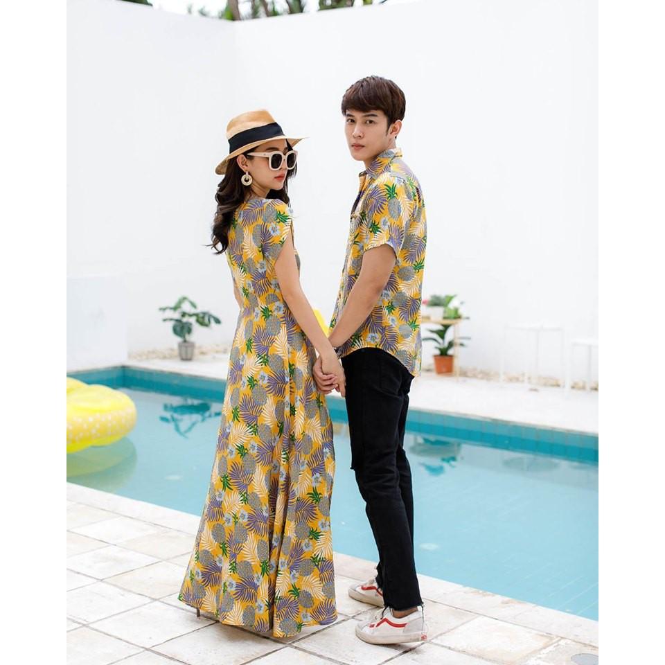 Set áo váy đôi sơ mi nam nữ Váy maxi xẻ tà đi biển họa tiết hoa lá màu vàng COUPLE - AV44 (có ảnh thật)