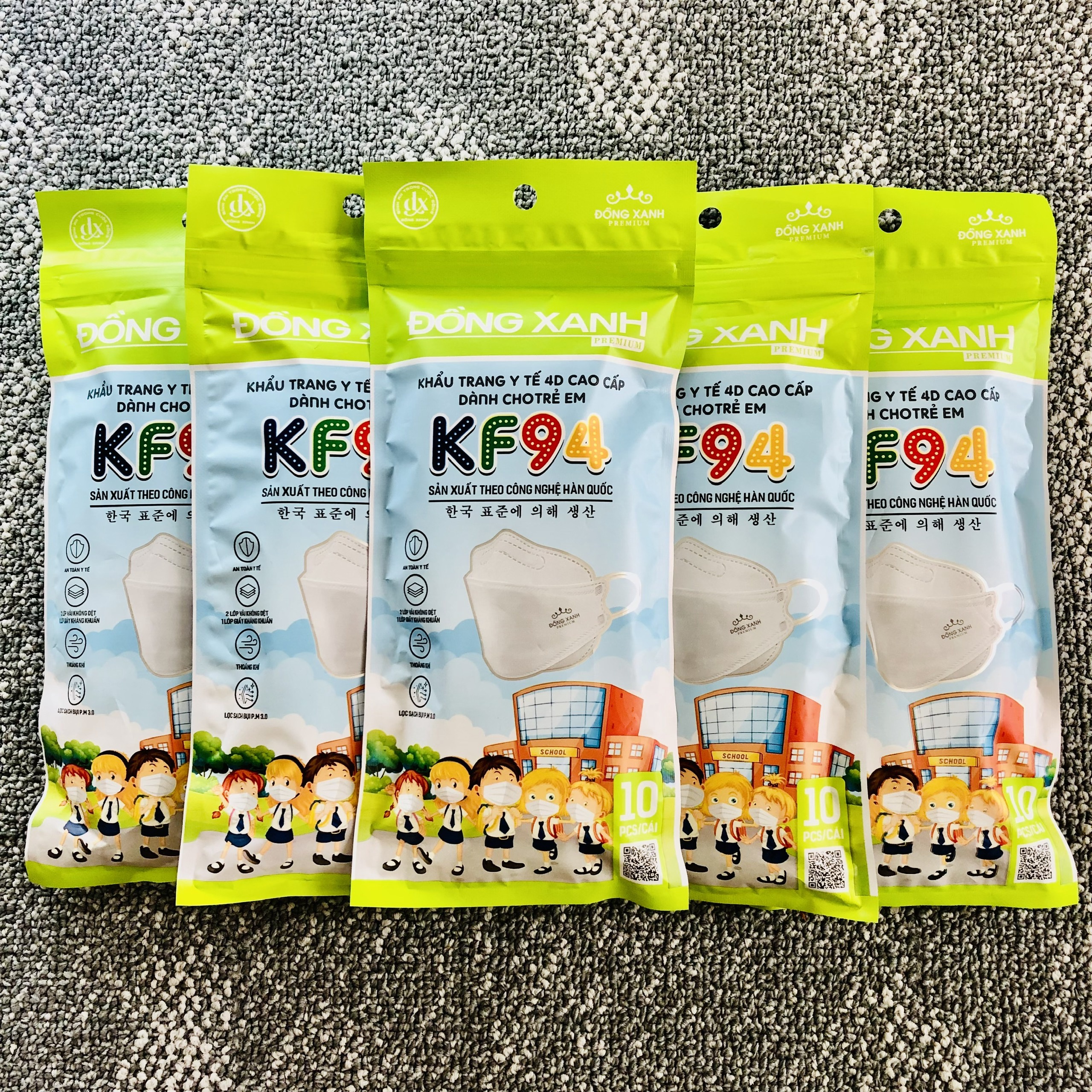 [THÙNG] 30 TÚI KHẨU TRANG KF94 TRẺ EM ĐỒNG XANH PREMIUM (10 CÁI/TÚI)