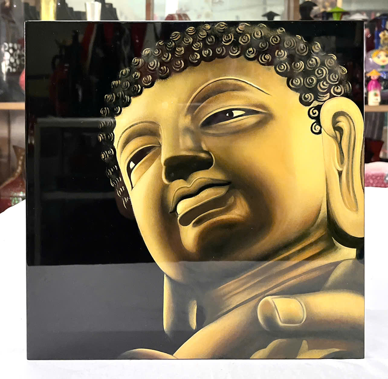 Tranh sơn mài vẽ tay Tượng Phật cao cấp Thanh Bình Lê size 38x38 cm treo tường, trang trí nhà cửa, văn phòng, quà tặng