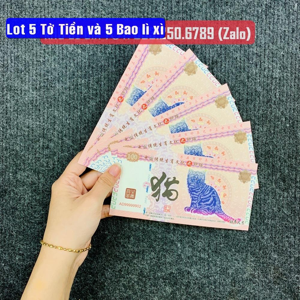 Combo 5 tờ tiền con Mèo Trung Quốc 100 may mắn lì xì tết - tặng kèm bao lì xì 2023