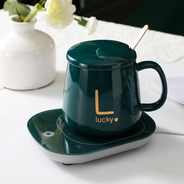 Cốc Hâm Nóng đồ uống kèm đế điện, Bộ ly sứ kèm đế điện hâm nóng trà, cafe, hâm sữa + Tặng kèm thìa vàng, hộp sang trọng