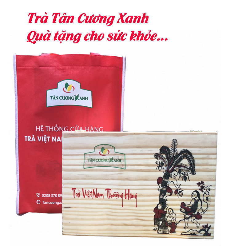 Hộp Trà Xanh Gỗ Thông Tân Cương Xanh - Trà Tân Cương thượng hạng Hộp gỗ thông món quà sức khỏe ý nghĩa