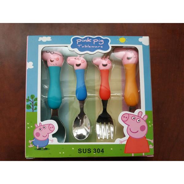 Bộ Set 4 muỗng nĩa heo Peppa inox 304 cho bé siêu dễ thương