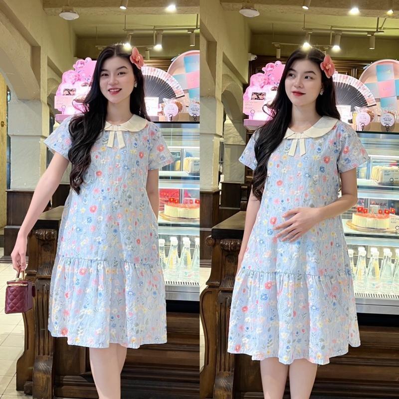 Đầm bầu thêu hoa cổ sen đính nơ form đuôi cá trẻ trung diện đi làm, đi tiệc, đi chơi đều xinh - Xanh